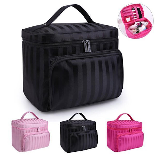 Vikbar Stripe Stor kapacitet Makeup Case förvaringsväska - stock brown