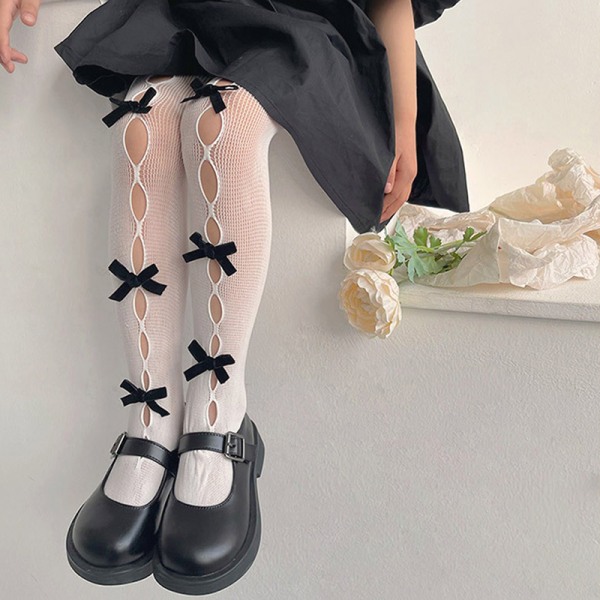 Girl Tights e Bow Hollow Lace Girl Strumpor - spot sales black with white M