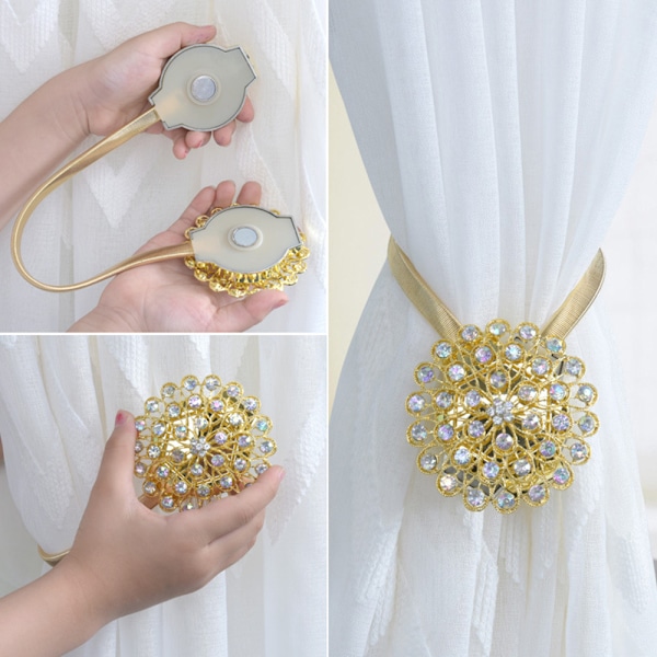 2st gardinbindningar Magnetisk strass inlagt bindningsspänne - stock Golden Peacock Blue