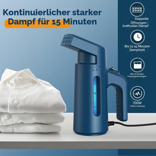 700W klesdamper, rask 40-sekunders oppvarming, 180 ml vanntank, 25g/min damp, bærbar klesdamper