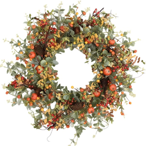 Kunstig efterårskrans, minigræskar, bær, eukalyptus og efterårsblomster, dekoration til hoveddør, indendørs og udendørs