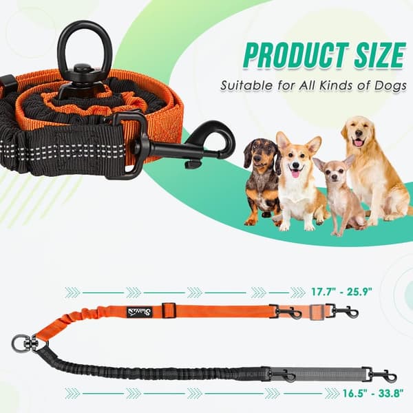 2-i-1 Dubbelt Hundkoppel – Elastisk Bungee, Justerbart och Trasselfritt för Små, Medelstora & Stora Hundar Black+Orange
