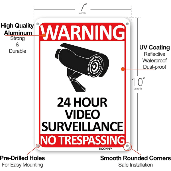 4 pakkauksen 24 tunnin videovalvontakyltti, tunkeutumiskiellon alumiininen varoituskilpi, 10’’x7’’ CCTV-valvontakameralle – heijastava, UV-suojattu