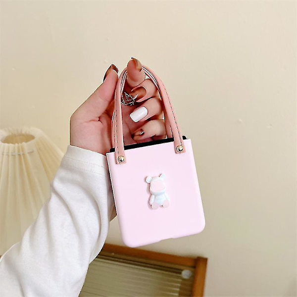 Sjarmerende Bjørn Sløyfe Solid Farge Etui Kompatibelt Samsung Z Flip 4 Med Dobbel Håndtau Pink