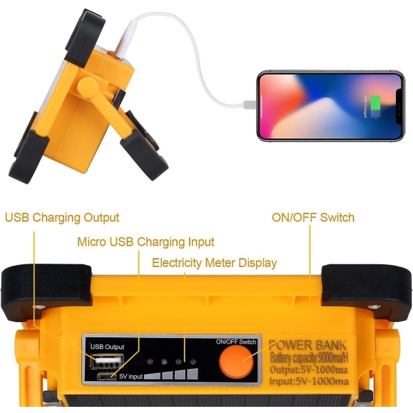 Ladattava LED-valonheitin 60w 3000 Lumenia Rakennustyövalo 9000mah Akulla & Aurinkopaneelilla 4 Tilaa Kannettava Lyhty Ulkovalonheitin
