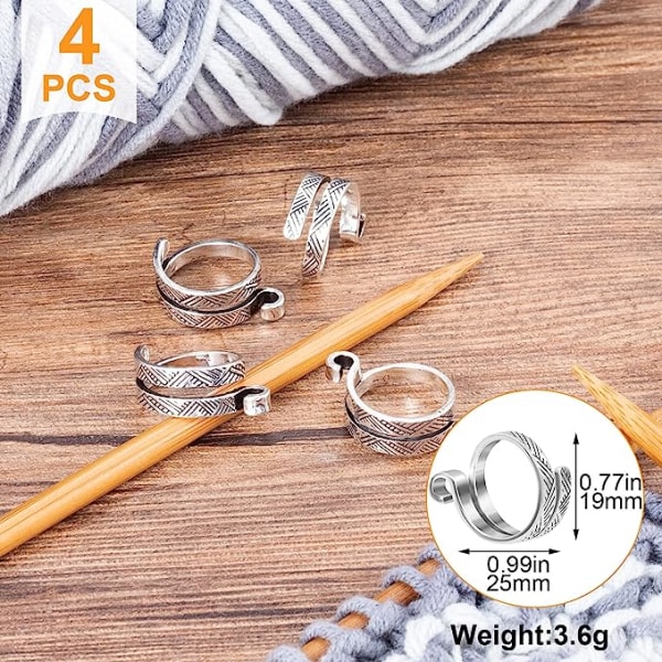 4 pakke strikke hekle løkke ring for fingre, justerbar hekle tiere silver *4