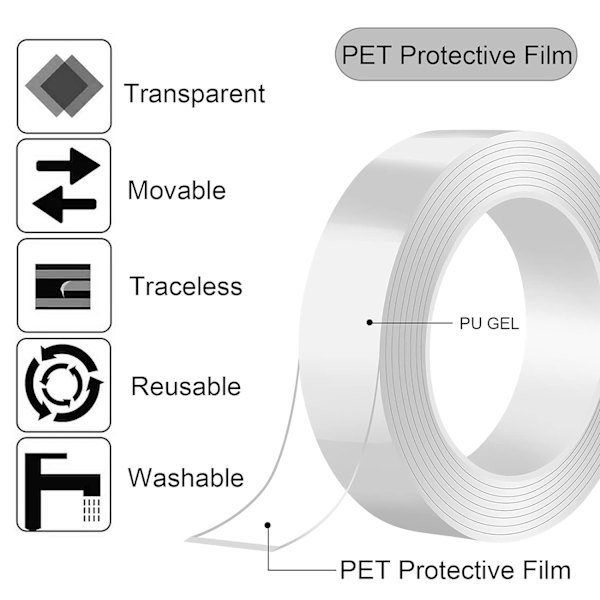 3cm (16,5ft/5M) Nano Gel Tape 2 rullar Stark dubbelsidig tejp Monteringstejp Starkt lim Spårlöst Tvättbart lim Style-1