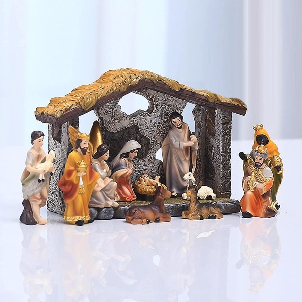 Krybbesett med figurer, The Real Life Nativity, Christmas Nativity Stall for hjemmekontor Hage innendørs og utendørs dekorasjon, Jesus Birth Set