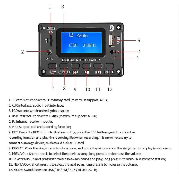 Langaton Bluetooth 5.0 -dekooderikortti, jossa on LCD-näytön puhelun tallennus