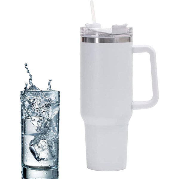 Vandflaske i rustfrit stål | Krus med sugerør og hank | Lækagesikker vakuumisoleret vandflaske til varm iskaffe (hvid)