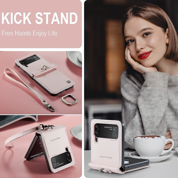 Läderskyddsfodral i PU med ring och handledsrem, kompatibelt med Samsung Galaxy Z Flip 4 Pink