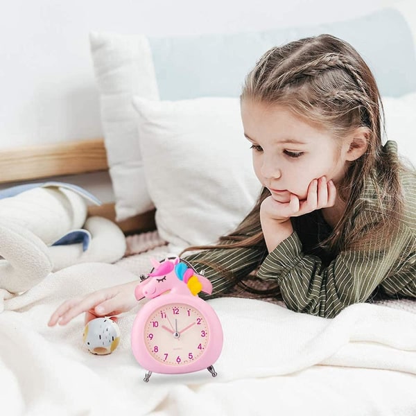 Pigevækkeur, lydløst ur med natlys og høj alarm, lyserød