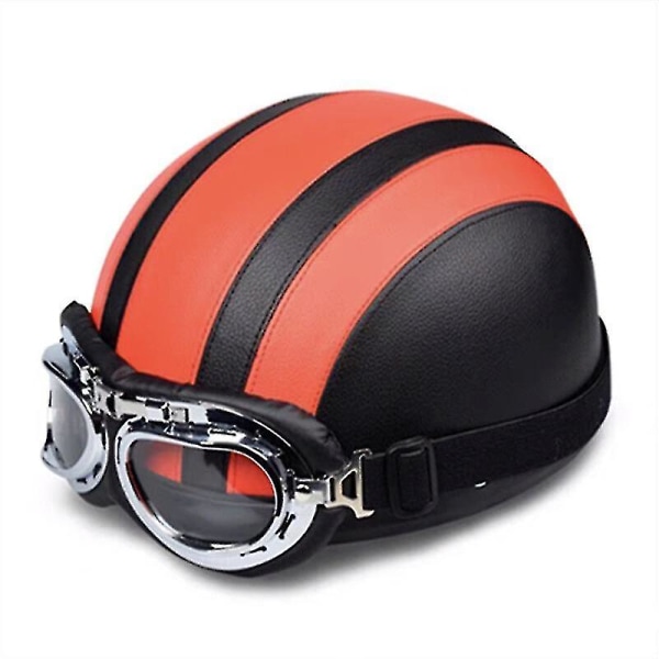 Retro motorcykel læder halvhjelm med beskyttelsesbriller Orange