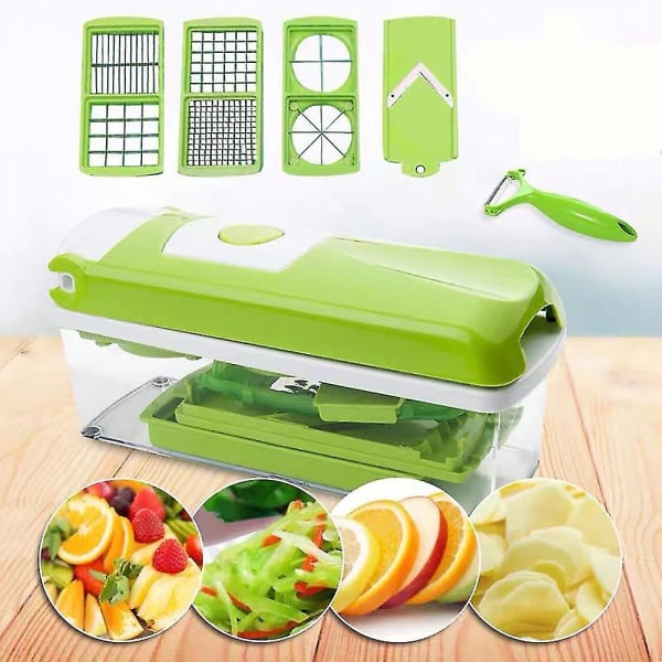 Mandolin Slicer Dicer, alt-i-én Slicer Cutter, Frugt Hakker (12 stk., Grøn)