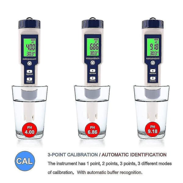 5-i-1 Elektronisk pH-måler, Mål pH & TDS & EC Salinitet & Temperatur Vannkvalitetstester