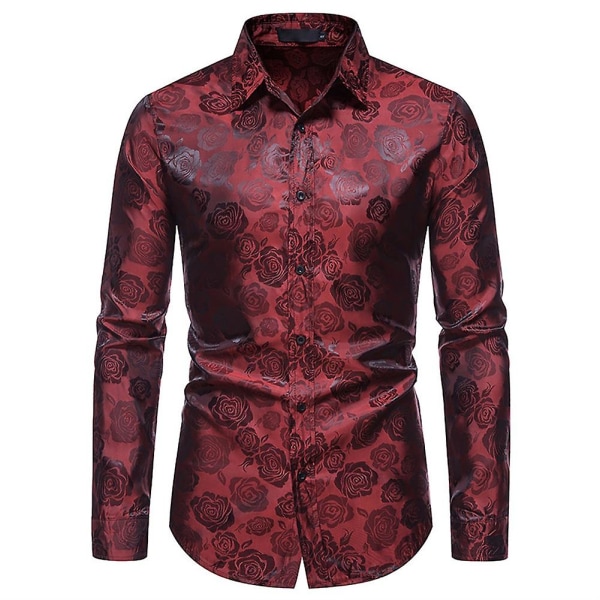 Allthemen Herre Casual Slim Lapel Rose Floral langærmet skjorte Burgundy L