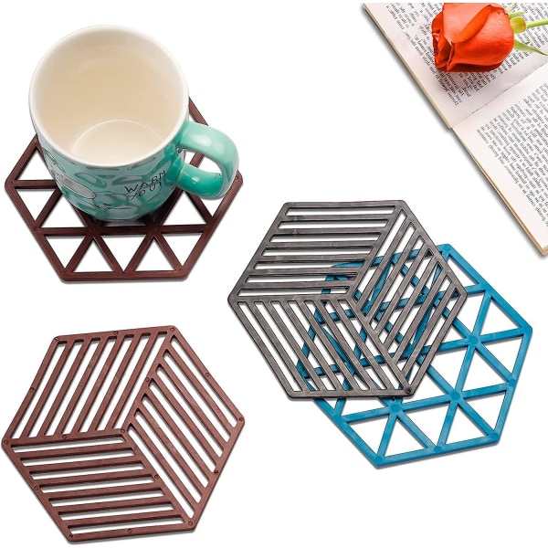 Silikone bordskånere, geometriske 6 sæt, moderne spisestue dekorative silikone glasbrikker, skridsikker varme