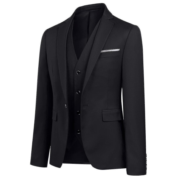 Miesten puku Business Casual 3-osainen puku Blazer Housut Liivi 9 väriä Z Black XS