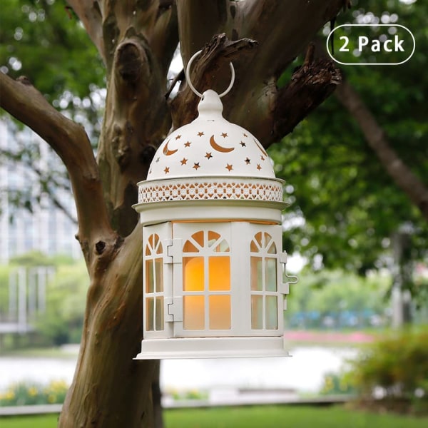 Sæt med 2 dekorative lanterner 21 cm høj vintage stil vedhæng metal lysestager til indendørs og udendørs begivenheder fest og bryllup (hvid)