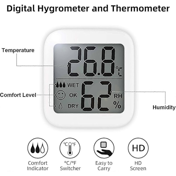 Romtermometer Hygrometer Digital Termometer Hygrometer, 2.1\" Skjerm Hygrometer Hygrometer For Barnehage, Stue, Etc. (hvit) (1 stk