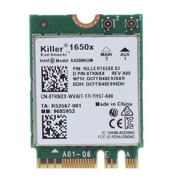 Killer 1650x 2400 Mbps Wifi 6 -sovitin Bluetooth-com 5.1 Dualband Wireless Card