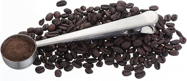 Rustfritt stål kaffemåleskje med klips Multifunksjonell matforsegling klips (sølv) (1 stk)