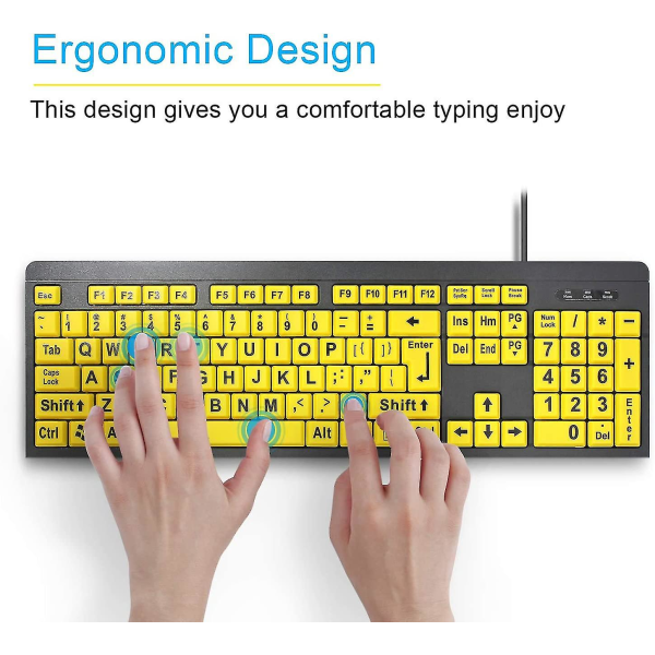 Computertastatur med stort tryk, kablet USB-tastatur med høj kontrast med overdimensionerede trykte bogstaver til synshandicappede personer med nedsat syn