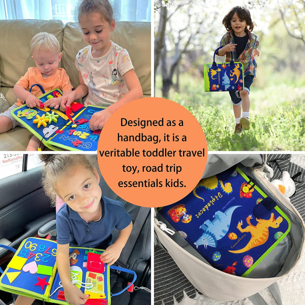 Toddler Busy Board 4 etager, Activity Board Sensorisk Board, Montessori-legetøj til babydrenge 3 4 år Lærer grundlæggende livsfærdigheder Dinosaur interlayer