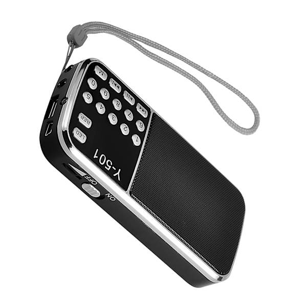Y-501 Mini FM-radio, digitaalinen kannettava 3 W:n stereokaiutin, MP3-audiosoitin, korkea äänenlaatu, 0,75 tuuman näyttö, LED-taskulamppu, tuki