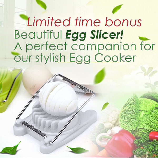 Elektrisk eggkoker kjelemaskin - myk, middels eller hard koking, kapasitet på 7 egg, støyfri teknologi, automatisk avstenging, hvit - inkluderer eggskjærer