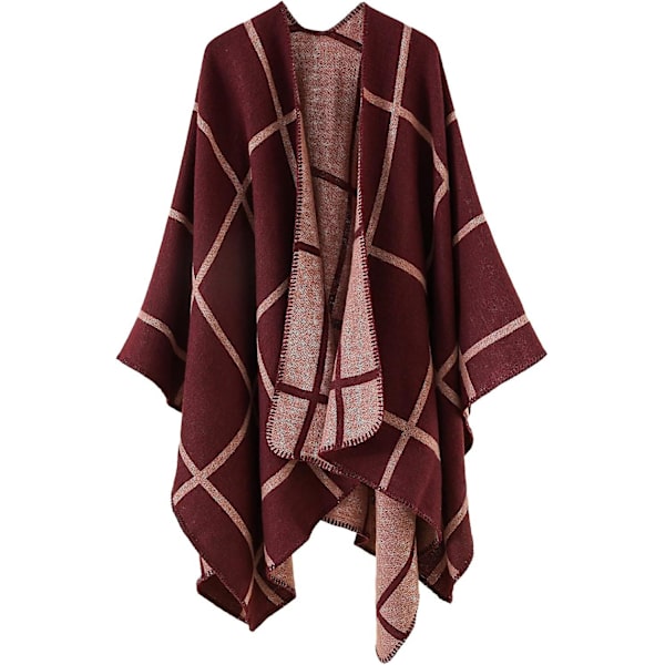 Pompongränsad Rutig Poncho Cape Lång Cardigan Sjal Wrap för Kvinnor