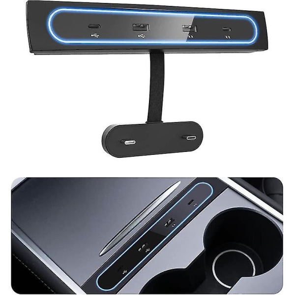 Bil USB laddare Multi För modell 3/y 2021 2022 Tillbehör USB Hub med blått ledljus Center C