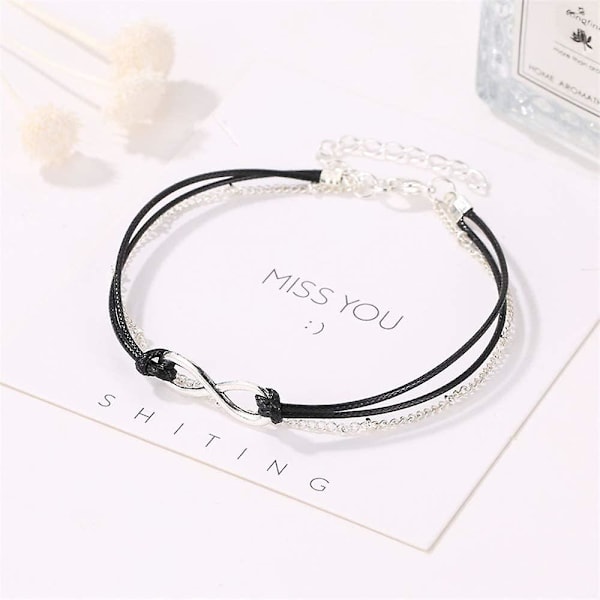 Bohemia Lagerad Svart Läder Anklet Oändlighetsknut Charm Hängande Fotkedja Boho Strand Fot Smycken För Kvinnor Och Flickor