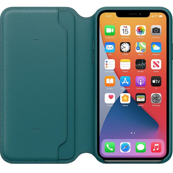 Apple læder folio til iphone 11 pro max - påfugleblå/hindbær Peacock