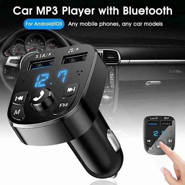 Kit for bil FM-sender med Bluetooth 5.0, hurtig billader med Qc3.0, dobbel USB-voltmeter