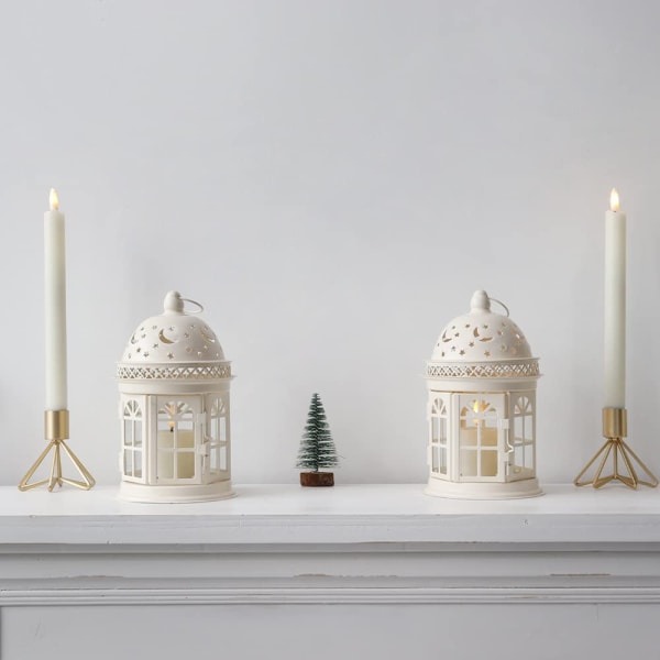 2 koristelyhdyn set 21 cm korkea vintage -tyylinen metalliriippuvainen kynttilänjalka sisä- ja ulkotapahtumiin juhliin ja häihin (valkoinen)