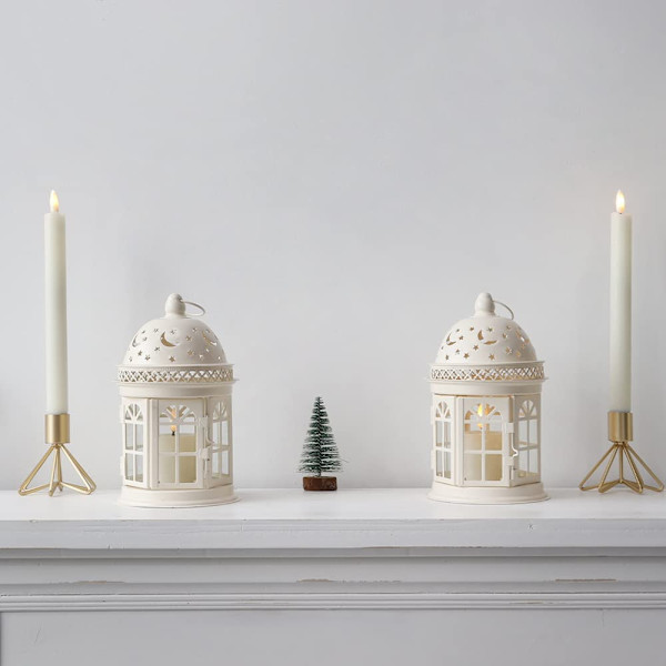 Sæt med 2 Dekorative Lanterner 21cm Høje Vintage Stil Hængende Metal Lysestager til Indendørs og Udendørs Arrangementer Fest og Bryllup (Hvid)