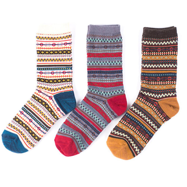 3 par damsockor i etnisk stil med vågiga ränder i bomull, tjocka, varma, vinter, casual, kontrastfärger, vintage, Harajuku, strumpbyxor