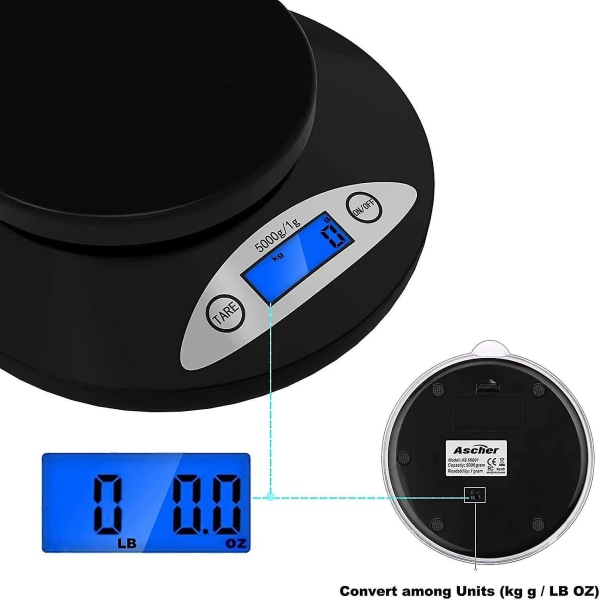 Digitaalinen keittiövaaka, Ascher 5000g elektroninen ruoanlaittovaaka taustavalaistulla LCD-näytöllä, tila- ja taaraominaisuuksilla 5000 x 1g 1kpl musta+valkoinen)