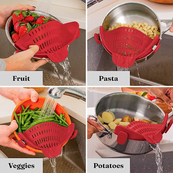 Pot Strainer - Justerbar silikoneklemme på si til gryder, pander og skåle - Rød
