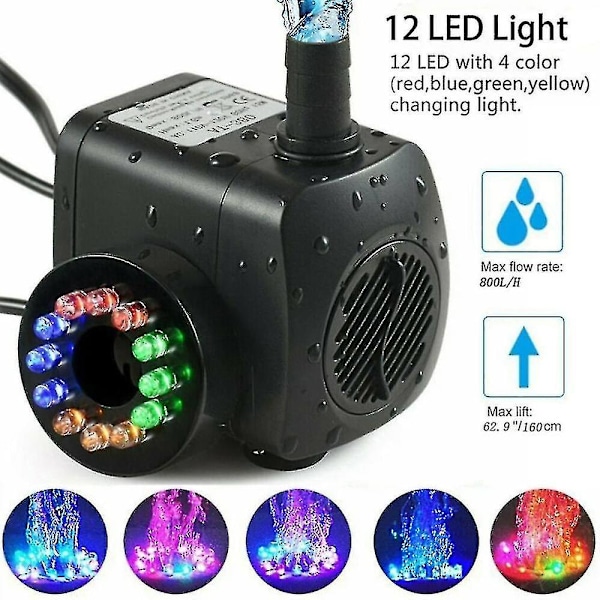 15W 800L/t Fontenepumpe, Damppumpe, Fontenepumpe, Hagepumpe, Fontenepumpe med 12 LED-lys