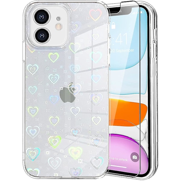 Wekity Yhteensopiva Iphone 11pro 5.8 Tuuman Kotelo + Näytönsuoja, Värikäs Gradientti Laser Rakkaus Sydän Läpinäkyvä Puhelimen Kotelo Iskunkestävä Puskuri Suojaava