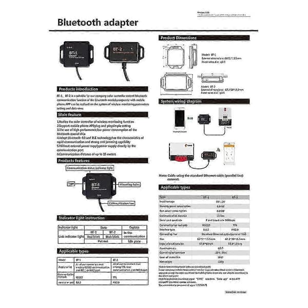 BT-2 Bluetooth-kommunikasjonsmodul for solcellekontroller og smarttelefon