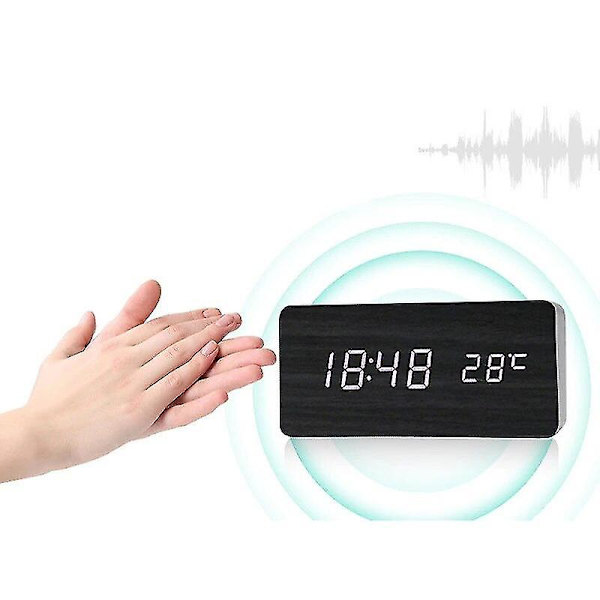 Led Digital Trævækkeur Med Temperatur Fugtighed Stemmestyring Snooze Elektroniske Bordure White