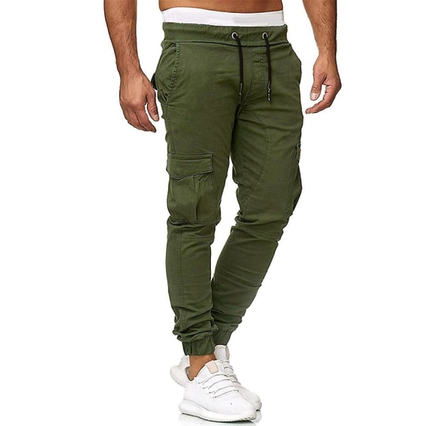 Herre Cargo Bukser med Snøre i Taljen - Casual Arbejds- og Sportsbukser - Slim Fit - Multifunktionelle Lommer - Joggingbukser med Manchetter Army Green L