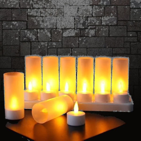 Flammeløse stearinlys - 12 genopladelige LED-flimrende fyrfadslys + 12 frostede kopper - Leveres med opladningsbase, ikke nødvendigt med batteri