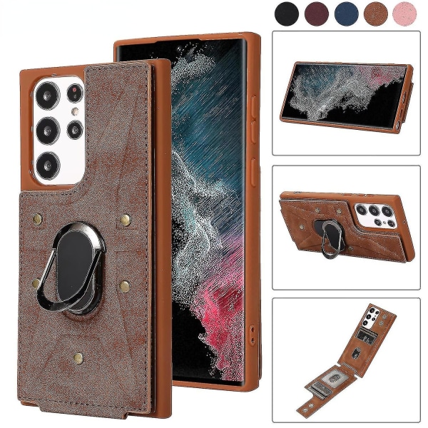 Phone case kompatibelt Samsung Galaxy S23 Ultra/s23 Plus/s23 med magnetisk ringställ och kortplats Brown S23