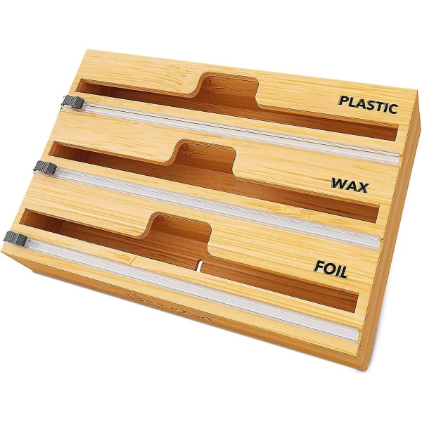 3 i 1 foliehållare med skärare och etiketter, plastfolie, aluminiumfolie och vaxpappersdispenser (naturlig)