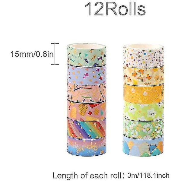 Set Of 12 Washi Tape Rolls - Decorative - Gold Leaf, Flower Pattern -