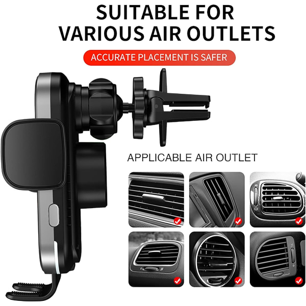 Trådløs bil lader montering, 15W Qi hurtiglading, automatisk klemmende bil lader iPhone Samsung, montering frontrute dashbord luftventil bil telefon lader, svart